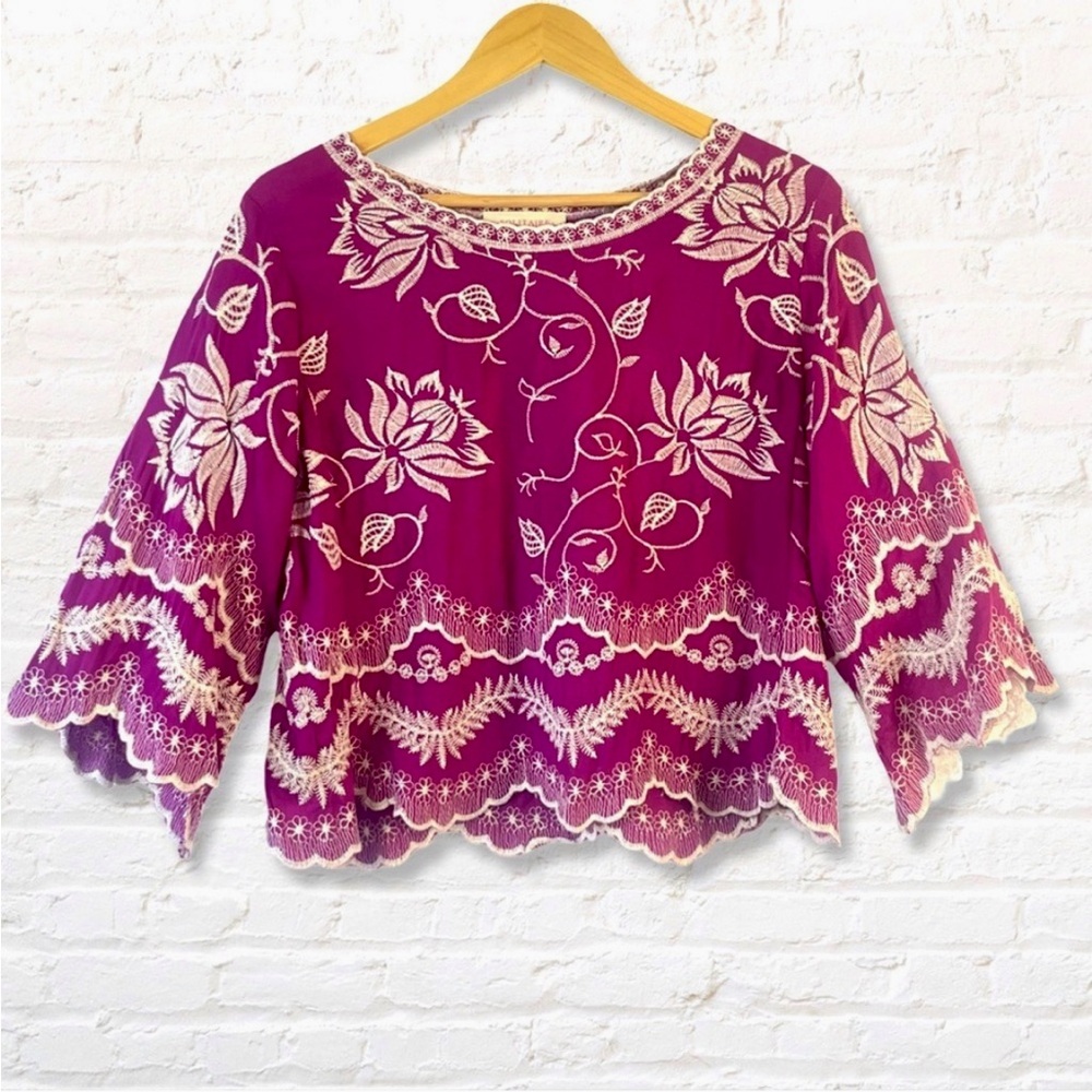 Solitaire Berry Pink Floral Embroidered Blouse Size Medium